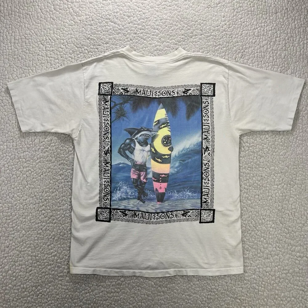 Vintage 90s Maui and Sons Shark Surf T-Shirt USA Made Big Graphic T-Shirt Sz L